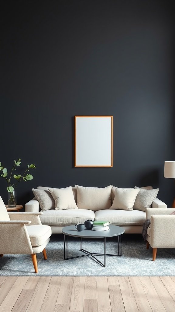 A cozy living room with dark walls and light furniture, featuring a beige sofa and armchairs.
