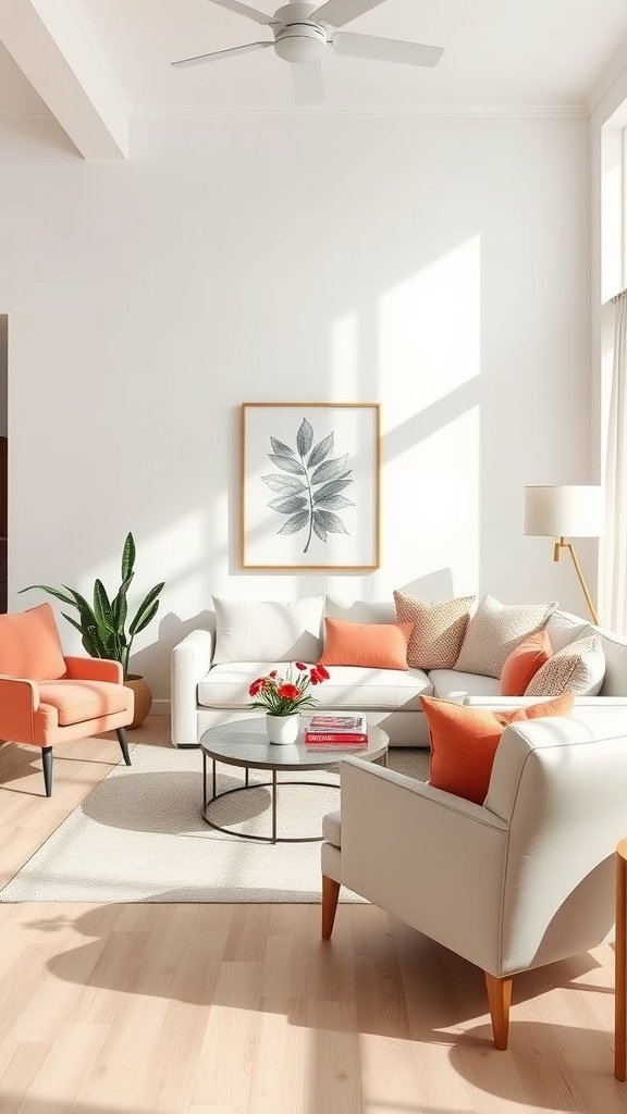 A light and airy living room featuring soft coral accents with neutral tones.
