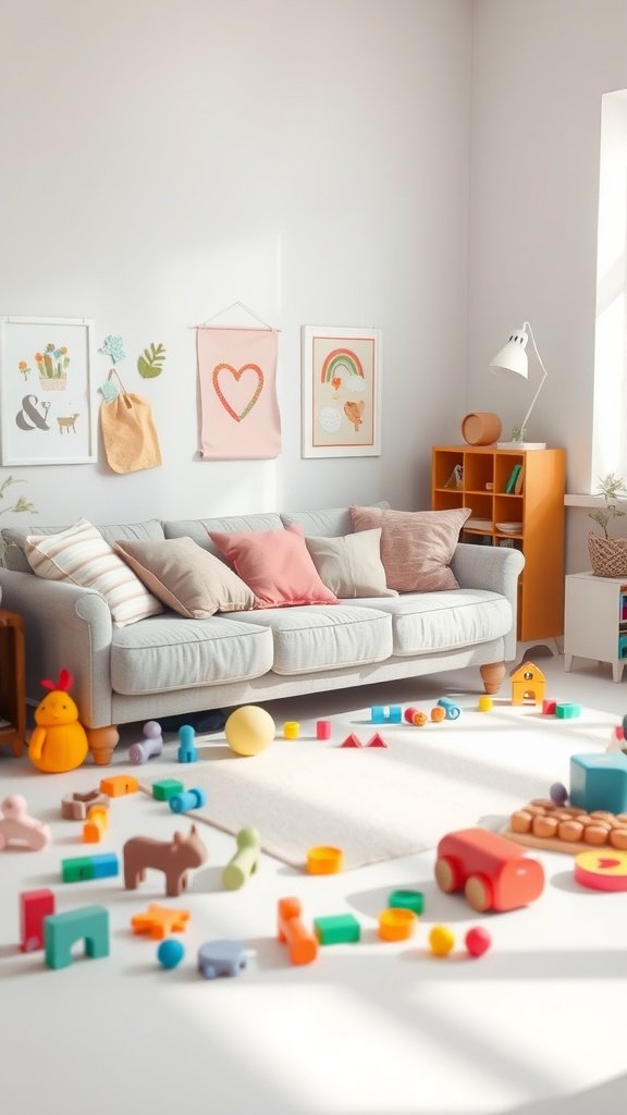 A cozy play area featuring a soft corner couch surrounded by colorful toys and cheerful decor.