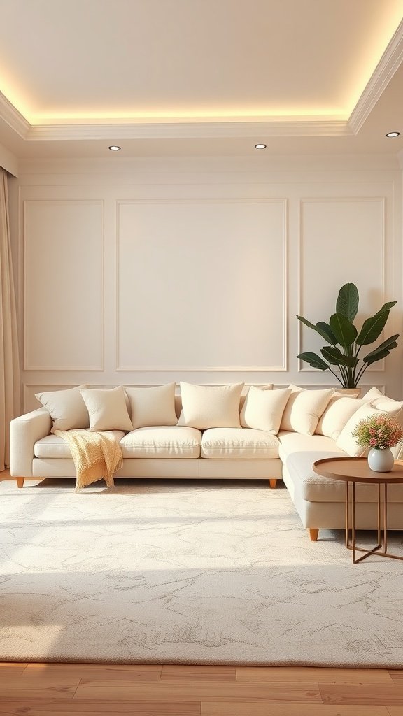 A soft cream living room featuring a light sofa, a small table, and a plant.