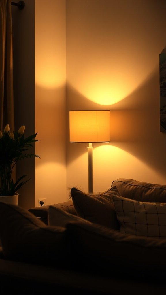 A cozy living room with soft dimmer lamps casting a warm glow.