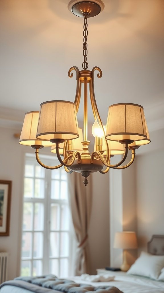 Chandelier with soft fabric shades illuminating a cozy bedroom