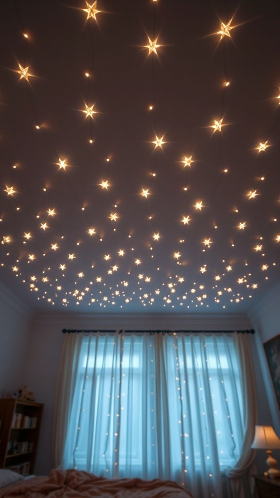 A cozy bedroom with a starry fiber optic ceiling and soft lighting.