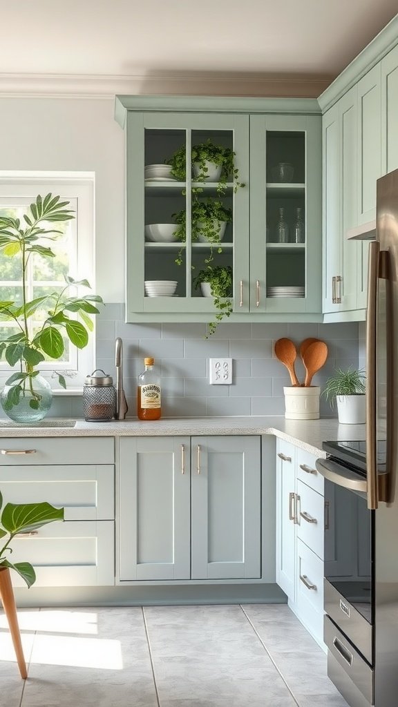 A kitchen featuring soft gray and mint two-tone cabinets.