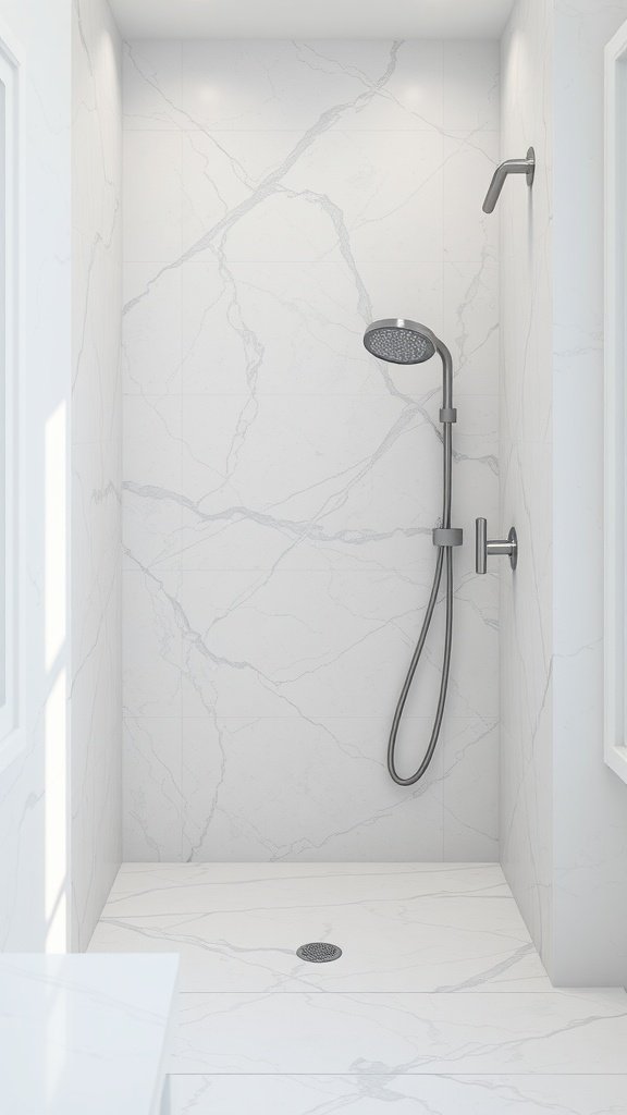 A modern shower featuring sleek marble veining in soft gray tones.
