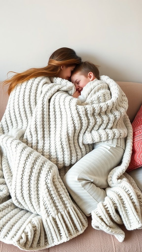 A mother and child snuggling under a soft knit blanket on a sofa.