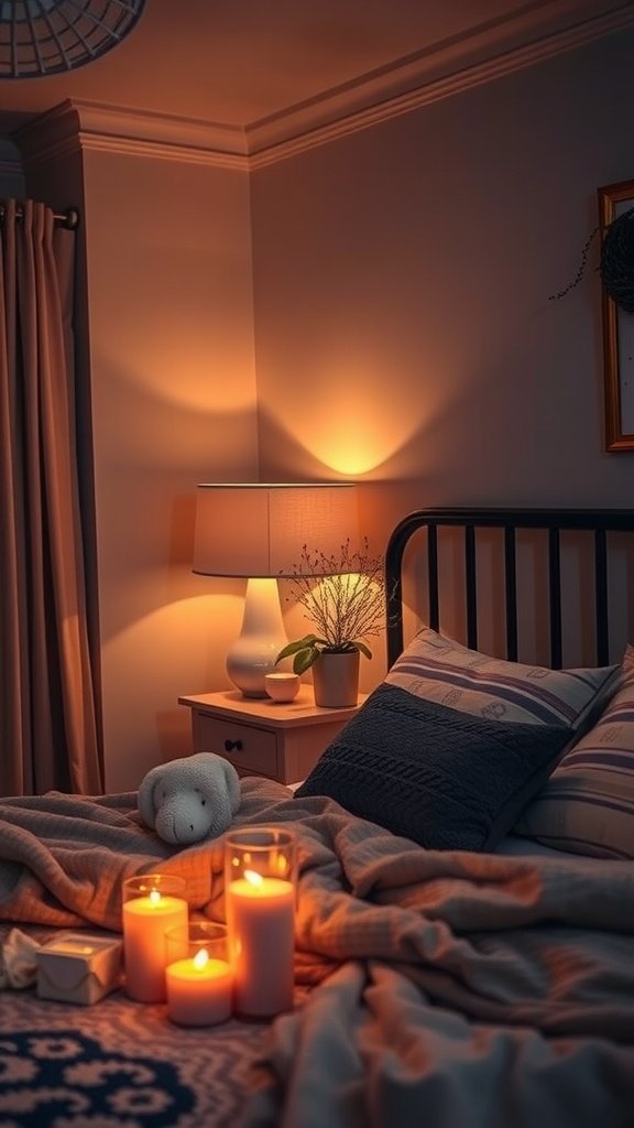 A cozy bedroom with soft lighting from a lamp and candles, creating a warm atmosphere.
