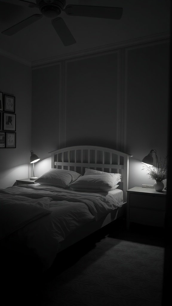 A softly lit black and white bedroom featuring a bed with white linens and lamps providing gentle illumination.