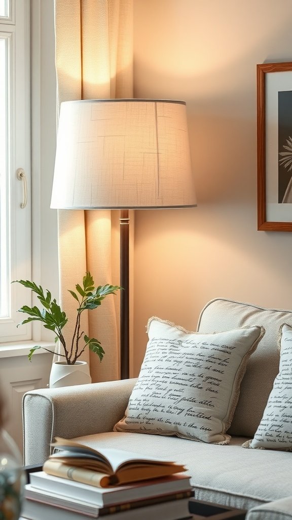 A cozy living room with a soft linen drum shade lamp beside a comfortable sofa.
