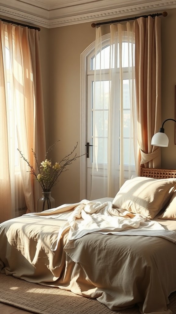 A serene bedroom featuring soft linen textiles and earthy tones.