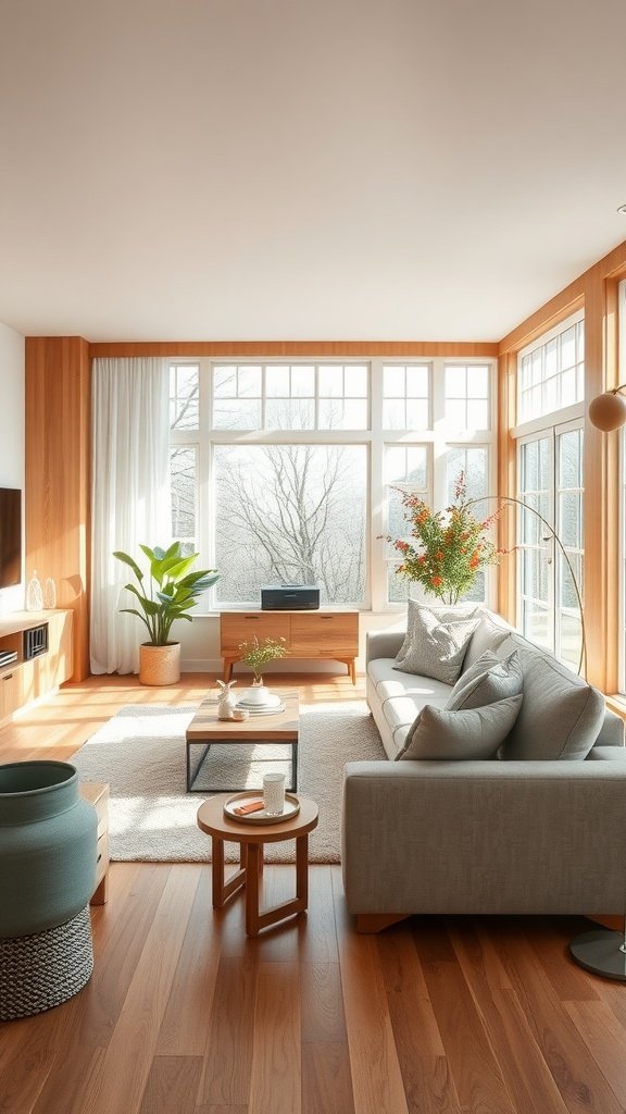 A modern living room featuring soft maple wood tones, a cozy couch, and natural plants.