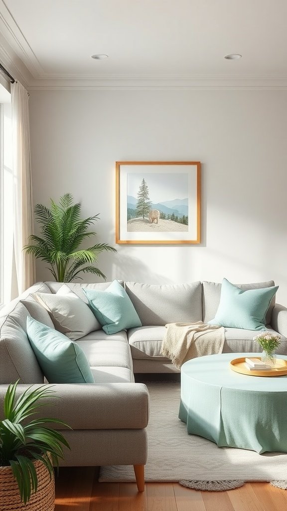 A serene living room featuring a light grey sectional sofa with mint green cushions, a round mint green coffee table, and a potted plant.