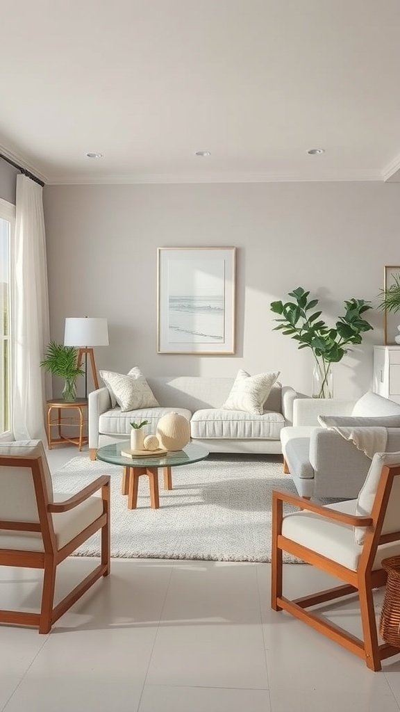 A modern living room featuring soft neutral colors, coastal decor, and natural elements.