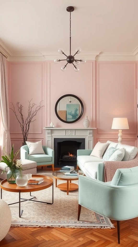 A soft pastel living room with light pink and green accents.