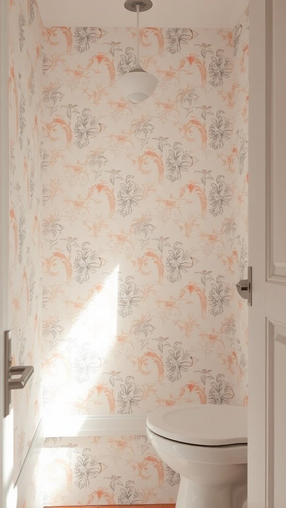 A small bathroom with soft pastel floral wallpaper, a white toilet, and a simple light fixture.