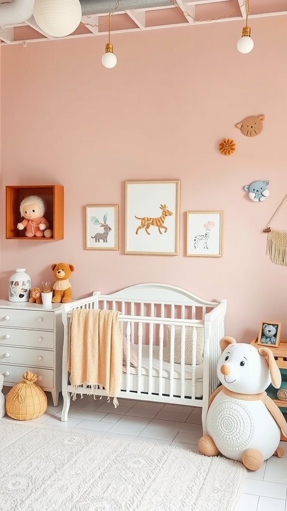A nursery with soft pastel pink walls, a white crib, and playful animal decorations.