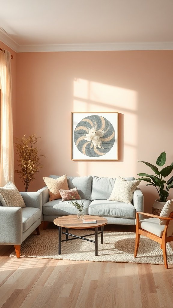 A soft peach and gray living room featuring a light blue sofa, decorative pillows, and a round coffee table.