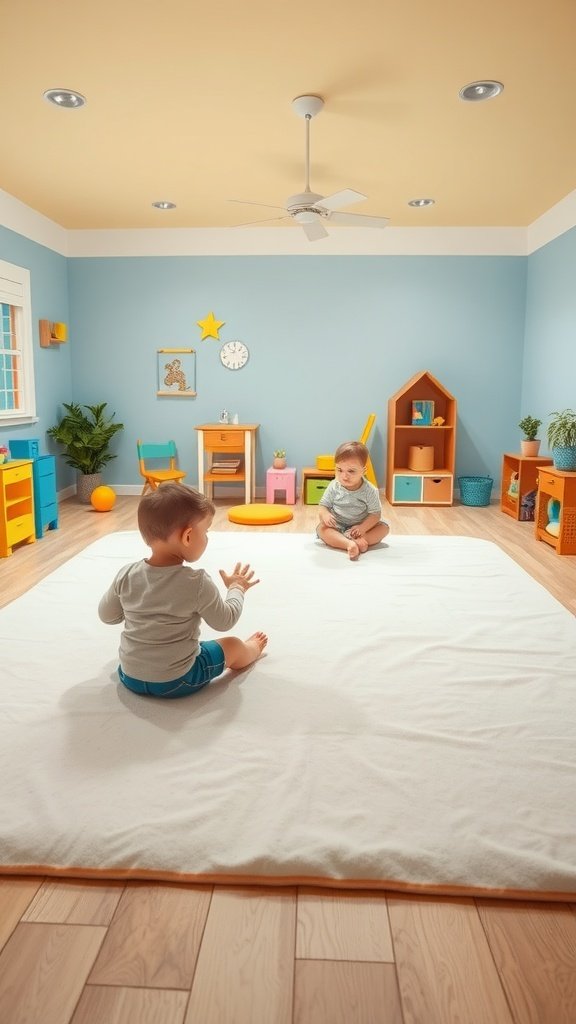 Two toddlers sitting on a soft play mat in a colorful playroom.