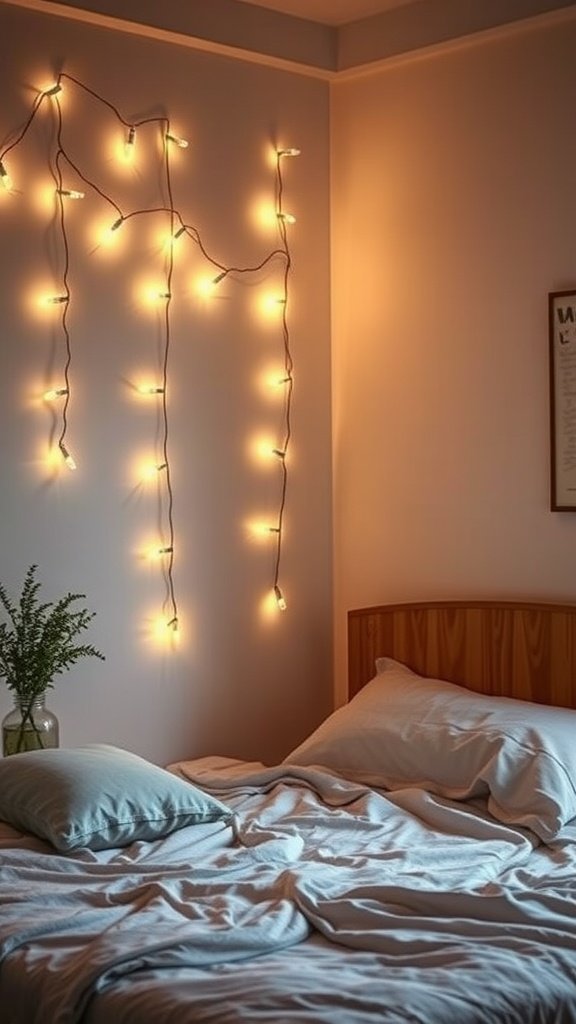 Soft string lights hanging above a bed, creating a cozy atmosphere.