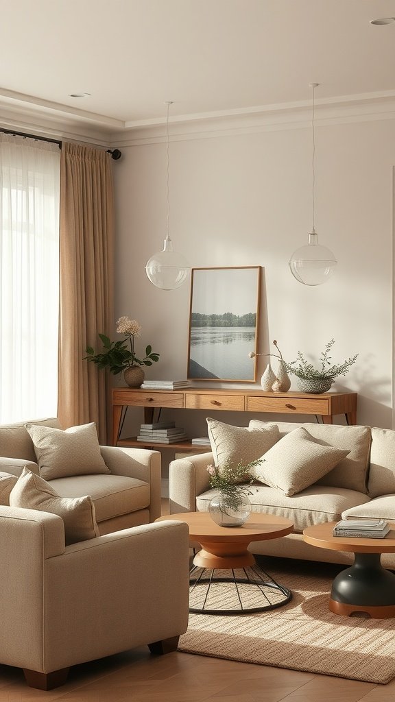 A serene living room featuring soft taupe textures in furniture and decor.