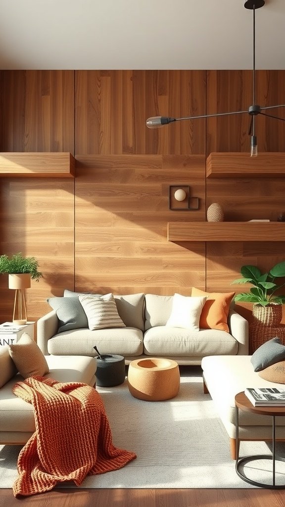 A modern living room featuring a soft walnut wood accent wall, neutral furniture, and colorful decor.