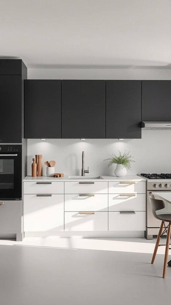 A modern kitchen featuring soft white lower cabinets and charcoal upper cabinets.