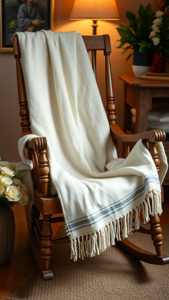 A soft wool throw blanket draped over a wooden rocking chair in a cozy room.
