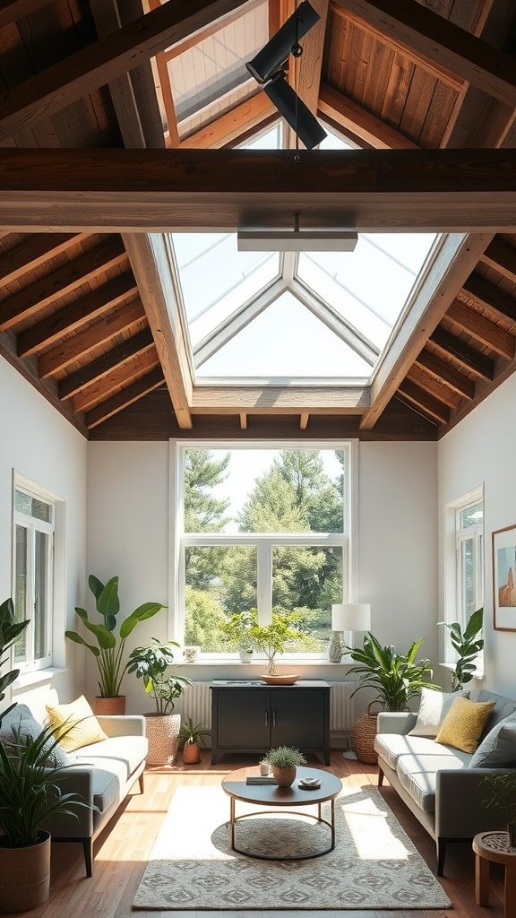 A beautiful living room featuring solar skylights, showcasing natural light and a cozy atmosphere.