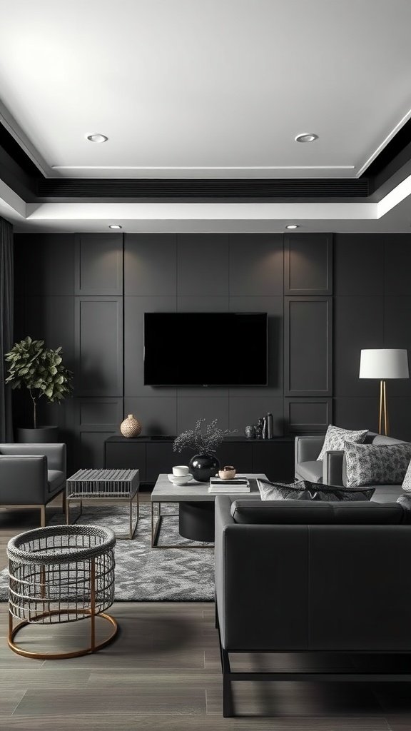 A sophisticated living room featuring charcoal grey walls and modern furniture.