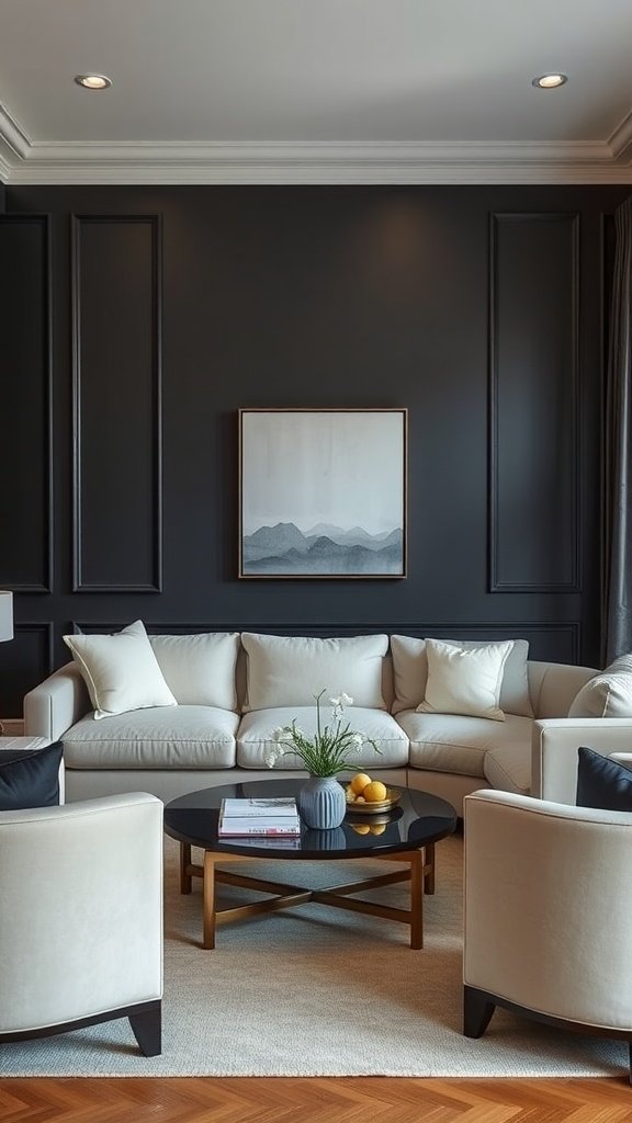 A modern living room featuring dark walls and light furniture, creating a stylish contrast.