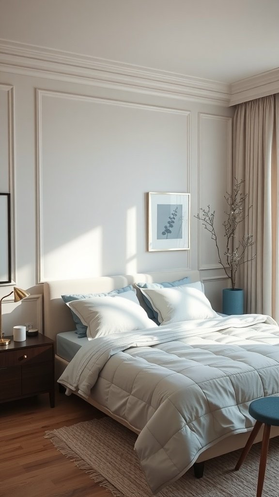 A stylish bedroom featuring soft neutral tones and calming blue accents.