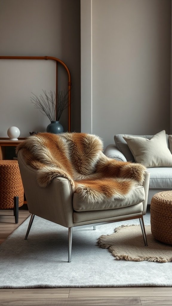 A cozy living room featuring a chair with a faux fur throw, enhancing warmth and style.