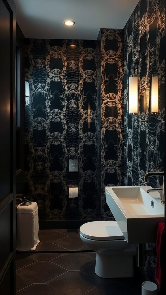 A small dark bathroom featuring metallic wallpaper with elegant accents.
