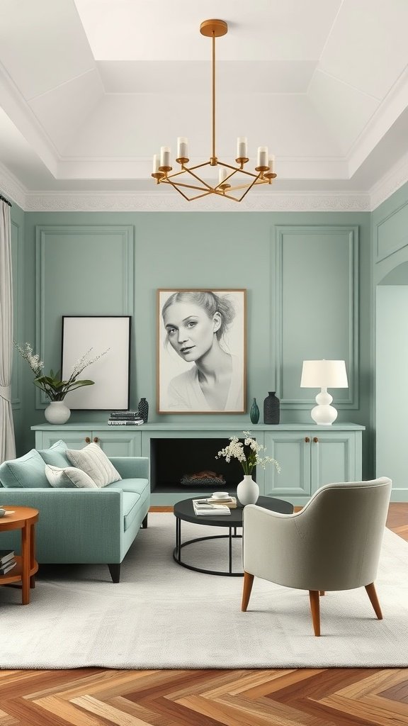 A beautifully styled mint green living room featuring a modern chandelier, a comfortable couch, and elegant decor.