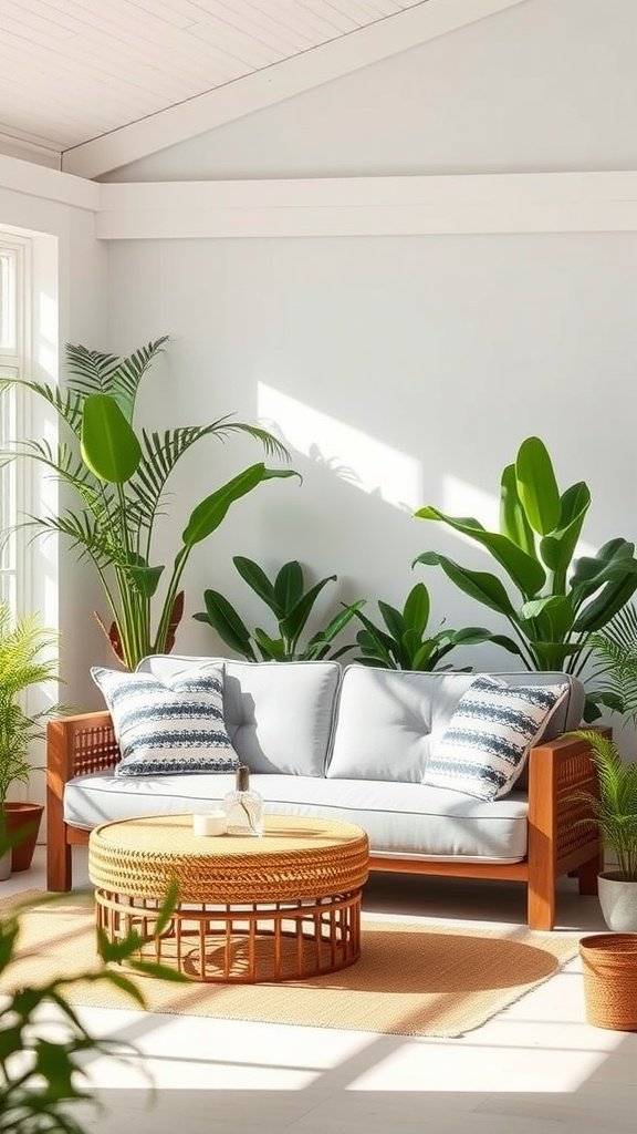 A stylish outdoor-inspired sofa with soft cushions and a wooden frame, surrounded by indoor plants.