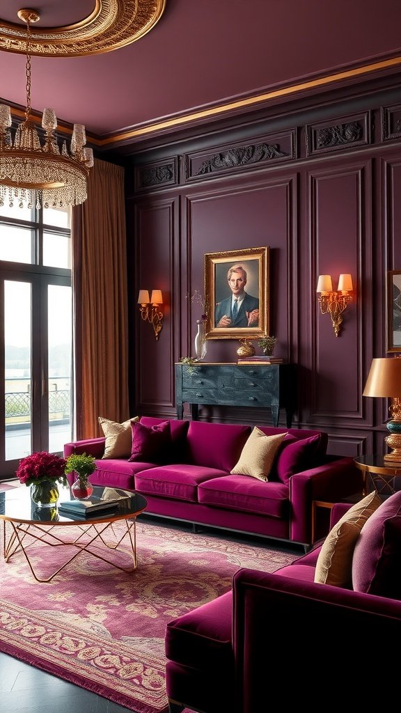 A luxurious living room featuring plum walls, gold accents, and elegant furnishings.