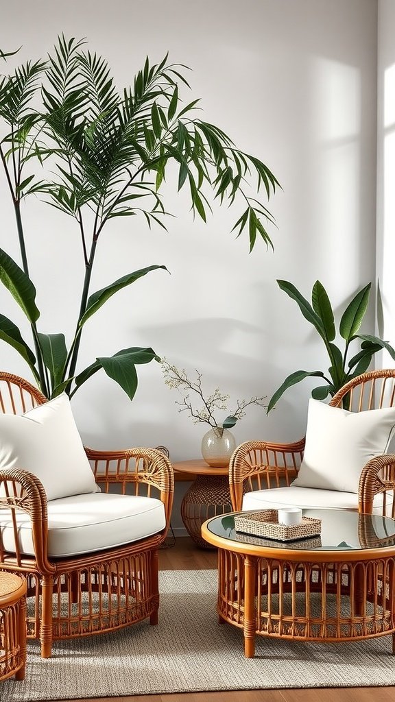 Stylish living room with rattan chairs and plants.