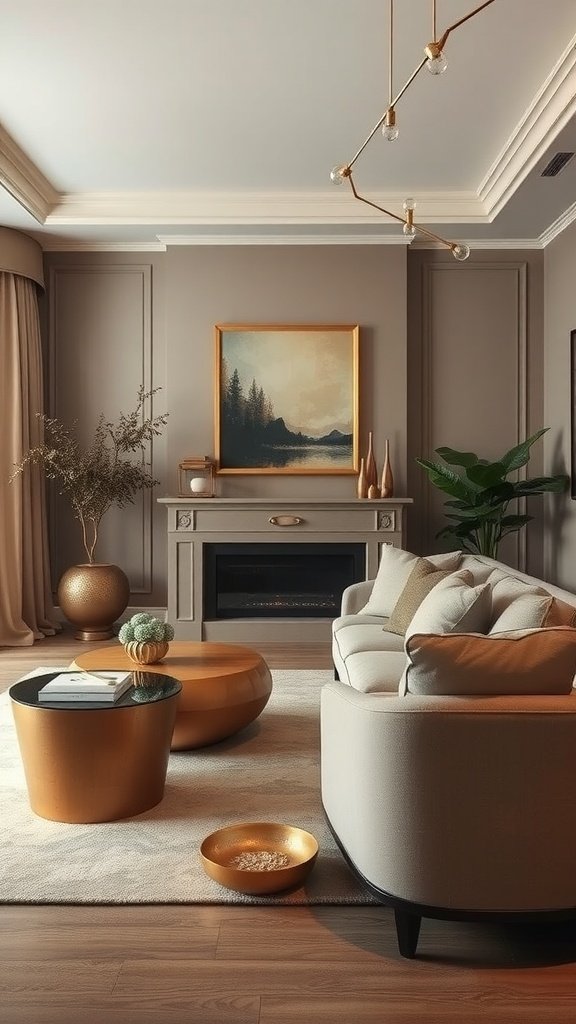 A cozy living room with taupe walls, gold accents, and stylish furniture.