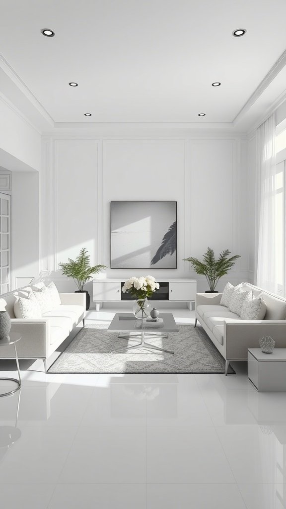 A modern white living room with stylish furniture and plants.