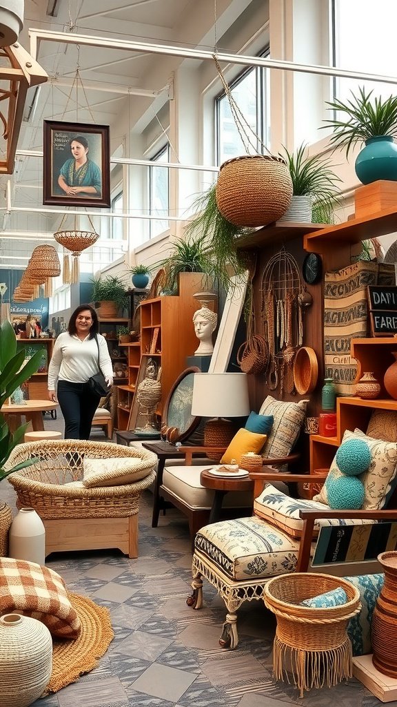 A cozy interior filled with unique decor items, featuring woven furniture, colorful cushions, and various decorative elements.