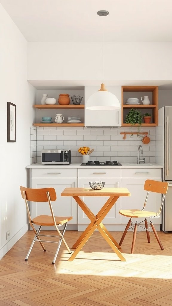 A minimalist kitchen featuring space-saving furniture with a folding table and chairs.
