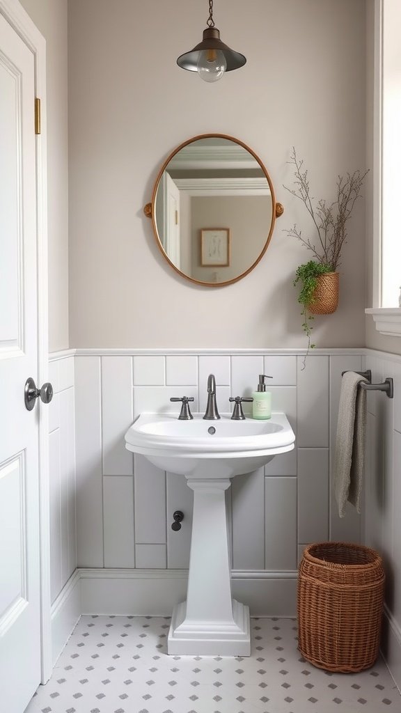 A small bathroom featuring a pedestal sink, round mirror, and shiplap wall accents.