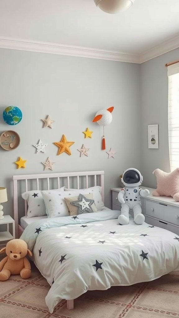 A cozy bedroom themed around outer space with star-patterned bedding, an astronaut doll, and star-shaped wall decorations.