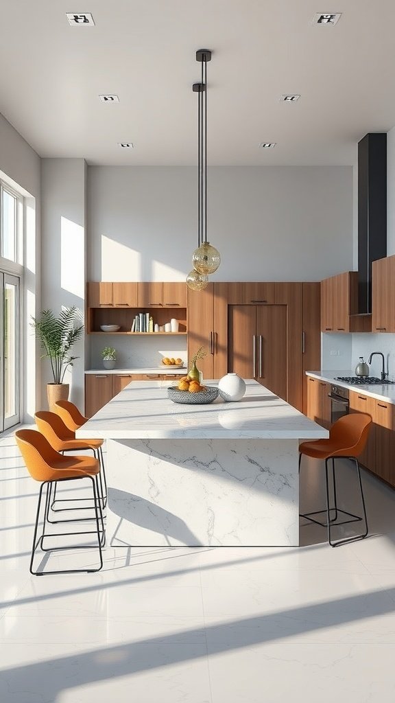 Modern kitchen with a spacious island and breakfast bar, featuring stylish seating and natural light.