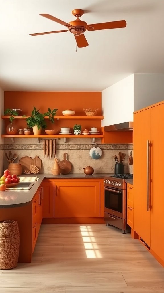 A bright orange kitchen with wooden shelves, pots, and plants.