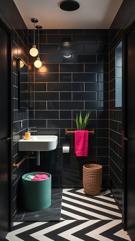 A modern dark bathroom featuring asymmetric stripes with colorful accessories including pink towels and a green wastebasket.