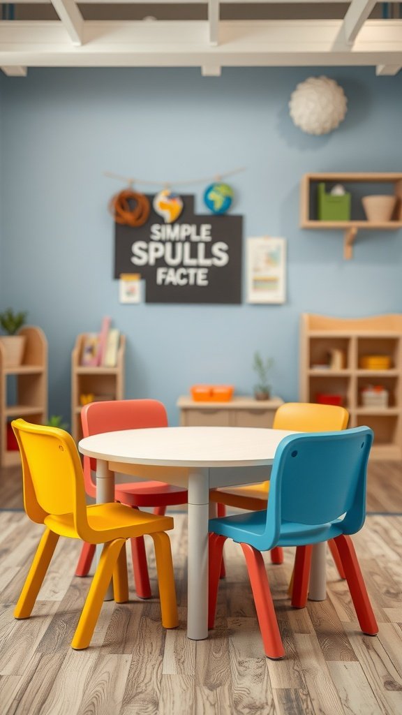 Colorful stackable chairs around a round table in a playful space