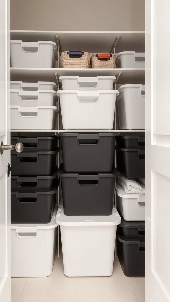 A closet filled with neatly stacked storage bins in various colors.