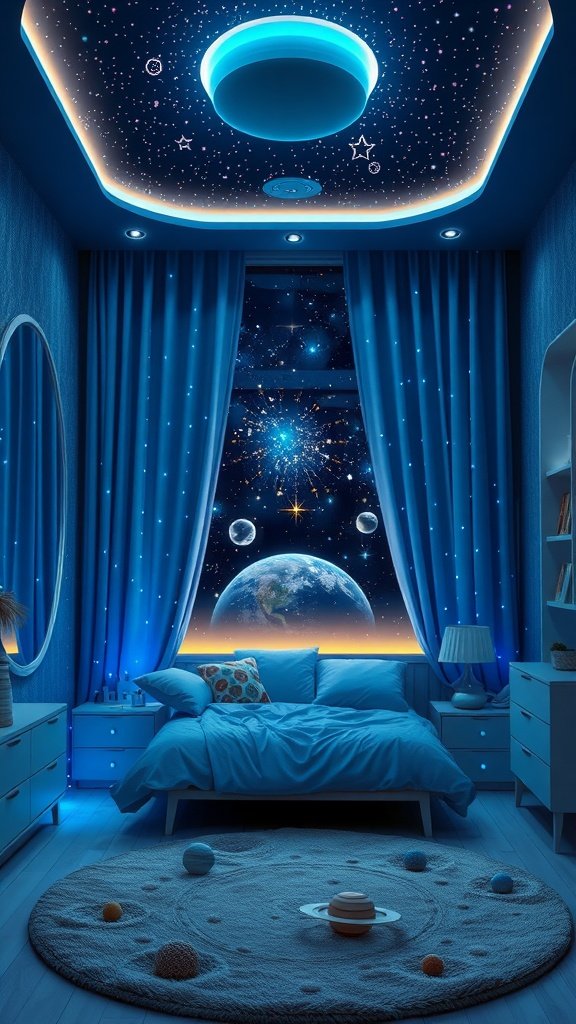 A cozy bedroom designed with a starlit theme, featuring blue curtains, a bed with soft pillows, and a rug resembling planets.