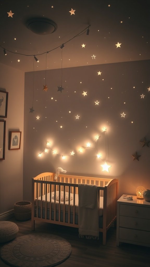 A cozy nursery with twinkling star lights on the walls and a crib, creating a calm ambiance.